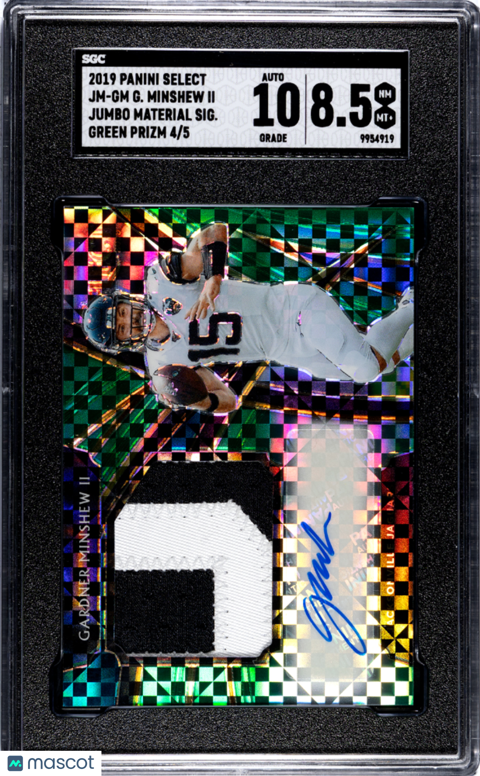 2019 Panini Select Gardner Minshew II Rookie PATCH AUTO #4/5 Green Prizm SGC 8.5
