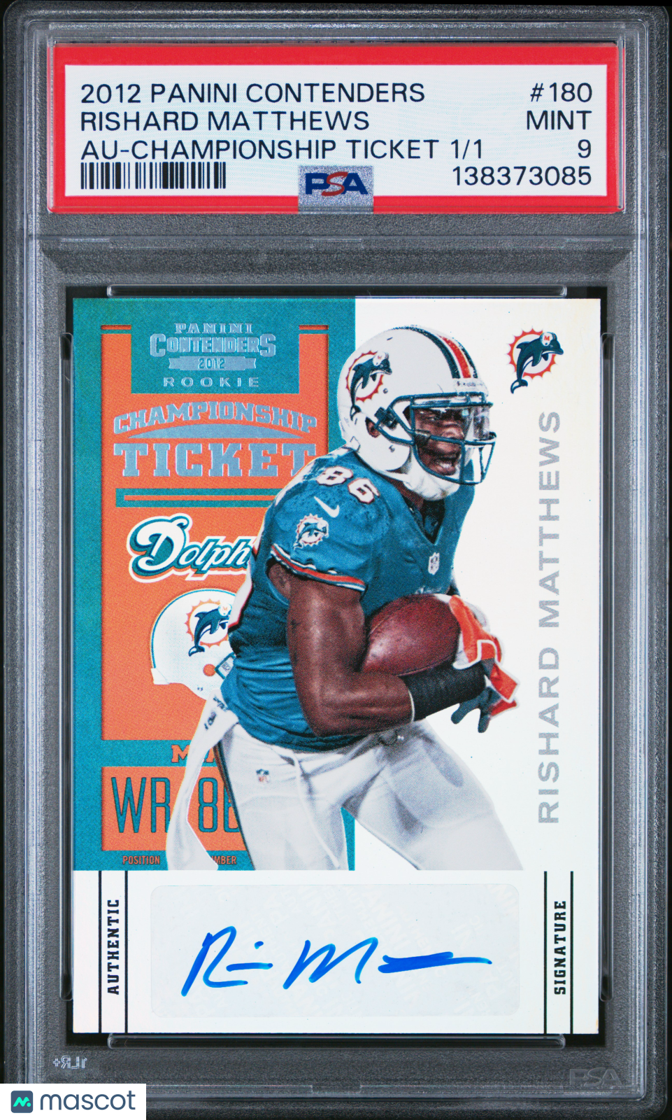 2012 Panini Contenders Rishard Matthews #180 Auto Championship Ticket #1/1 PSA 9