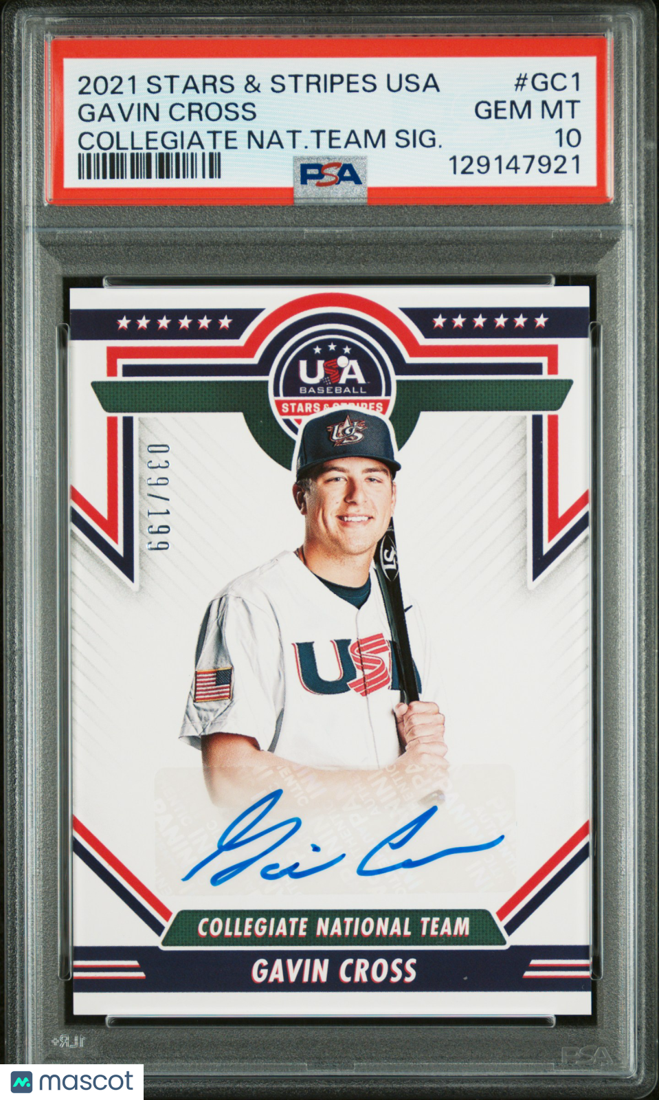 2021 Stars & Stripes Usa Collegiate National Team auto Gavin Cross /199 PSA 10