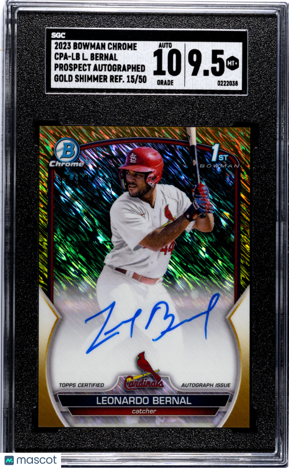 2023 Bowman Chrome Leonardo Bernal Pros. Auto Gold Shim. Refractor SGC 9.5 POP 1