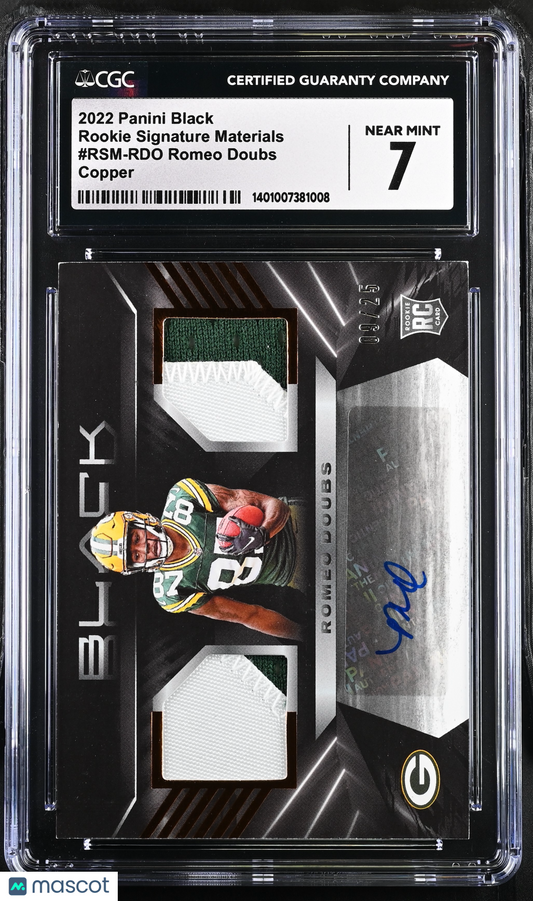 2022 Panini Black Romeo Doubs Copper Rookie Signature Materials CGC 7 auto