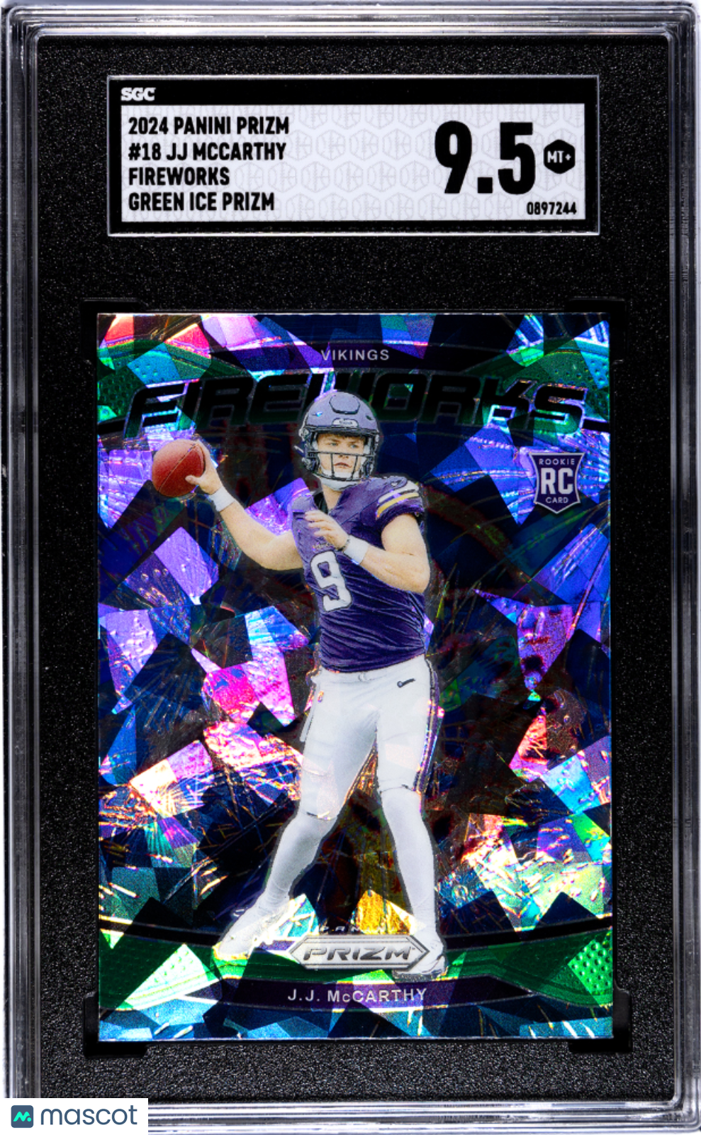 2024 Panini Prizm JJ Mccarthy #18 Fireworks Green Ice SGC 9.5