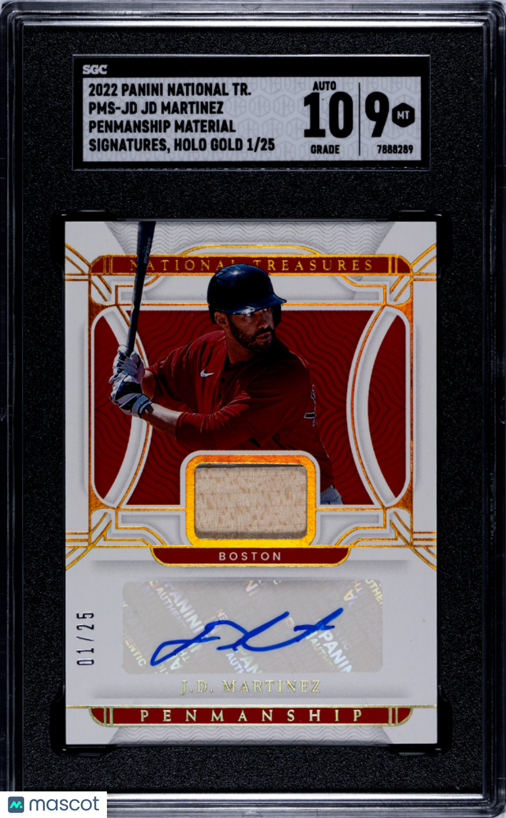2022 National Treasures JD Martinez Penmanship Mat. Holo Gold SGC 9 auto /25