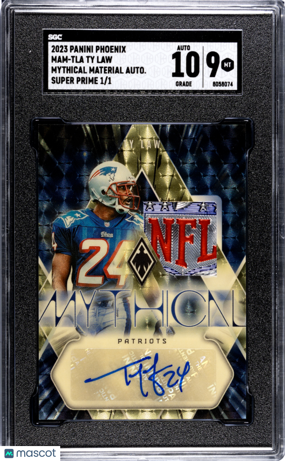 2023 Phoenix Ty Law Mythical Gold Vinyl NFL SHIELD Patch AUTO #1/1 SGC 9 POP 1