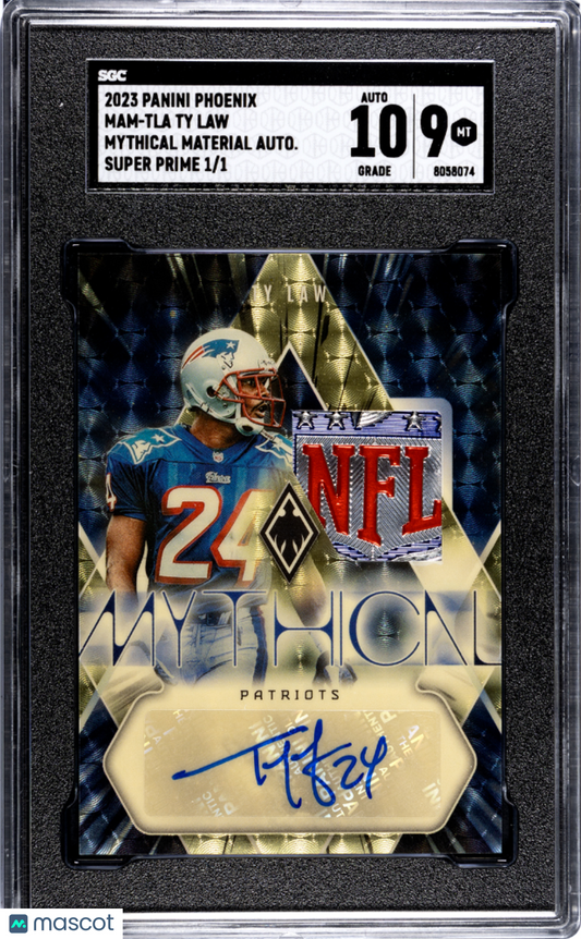 2023 Phoenix Ty Law Mythical Gold Vinyl NFL SHIELD Patch AUTO #1/1 SGC 9 POP 1