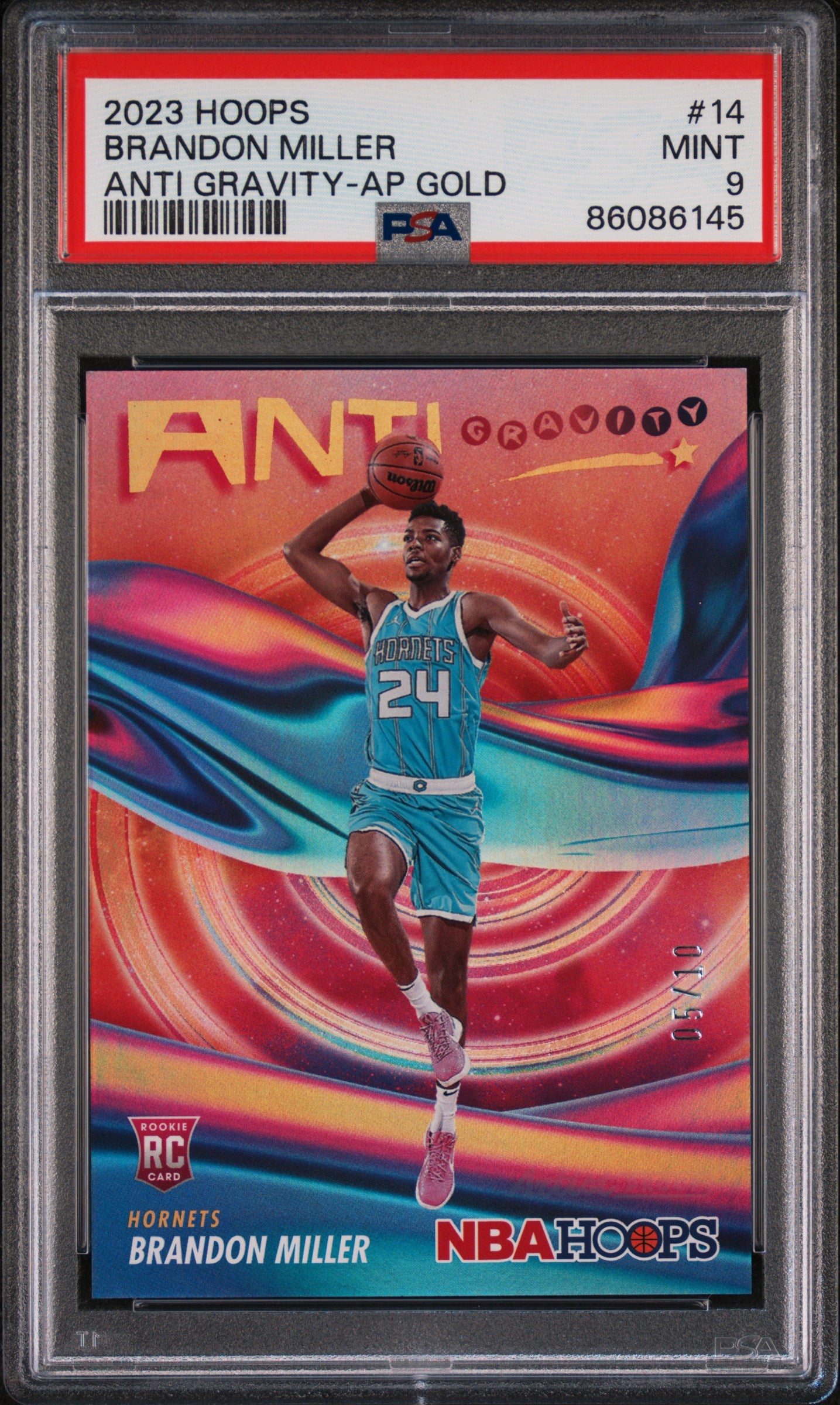 2023-24 Panini NBA Hoops Anti Gravity Brandon Miller #14 GOLD #5/10 Rookie PSA 9