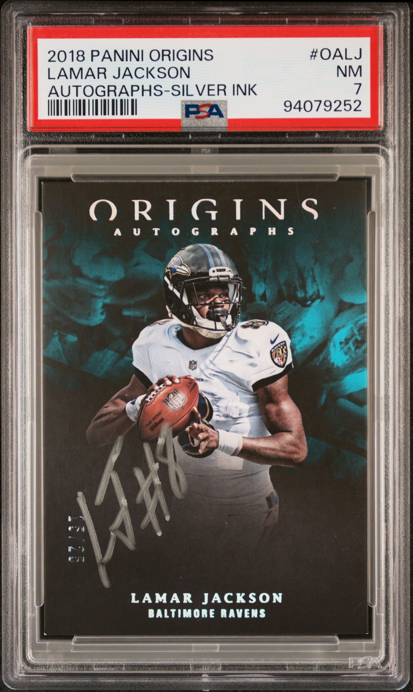 2018 Panini Origins Autographs Lamar Jackson #15/25 AUTO Rookie Silver Ink PSA 7