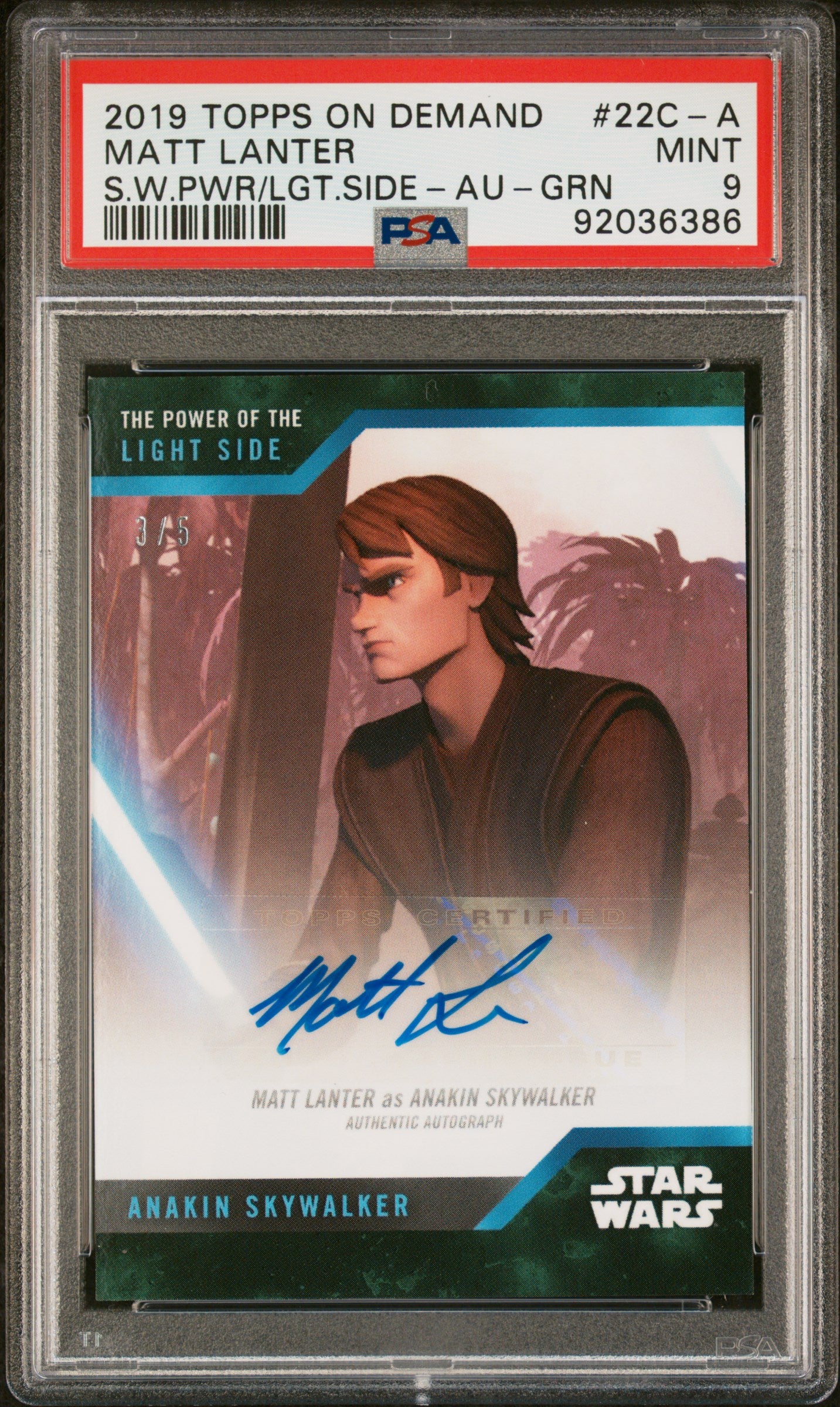 Matt Lanter 2019 Topps Star Wars Green Auto #3/5 Anakin Skywalker PSA 9