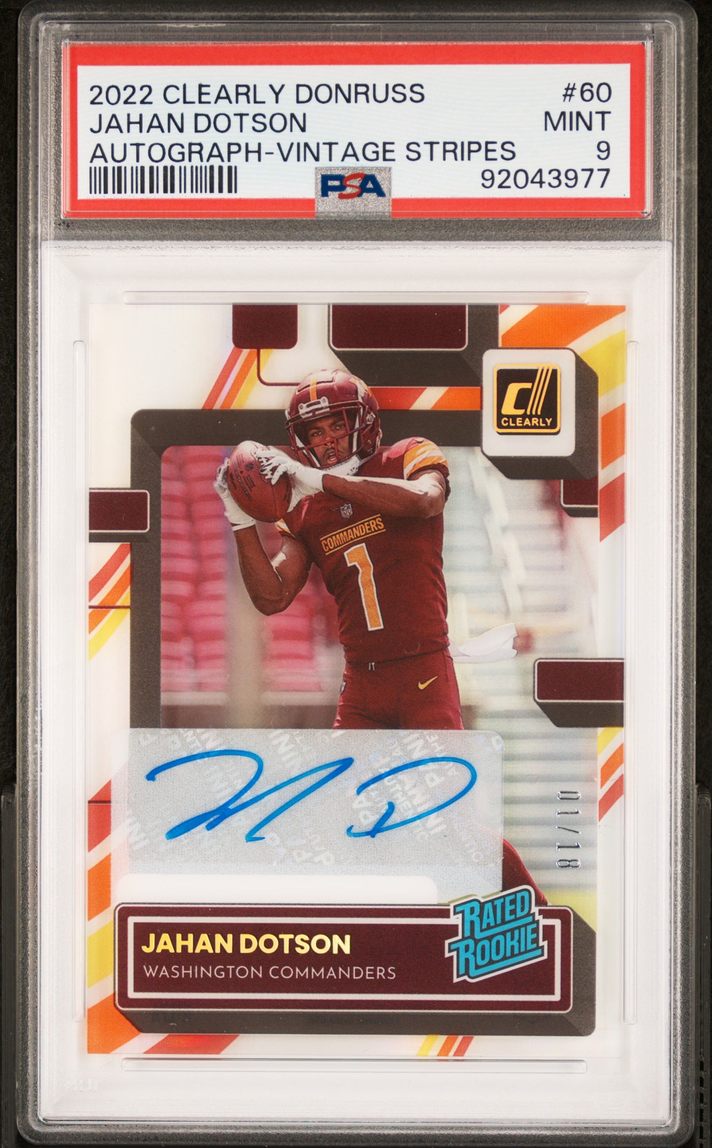 2022 Panini Clearly Donruss Jahan Dotson AUTO #1/18 (Jersey #) PSA 9