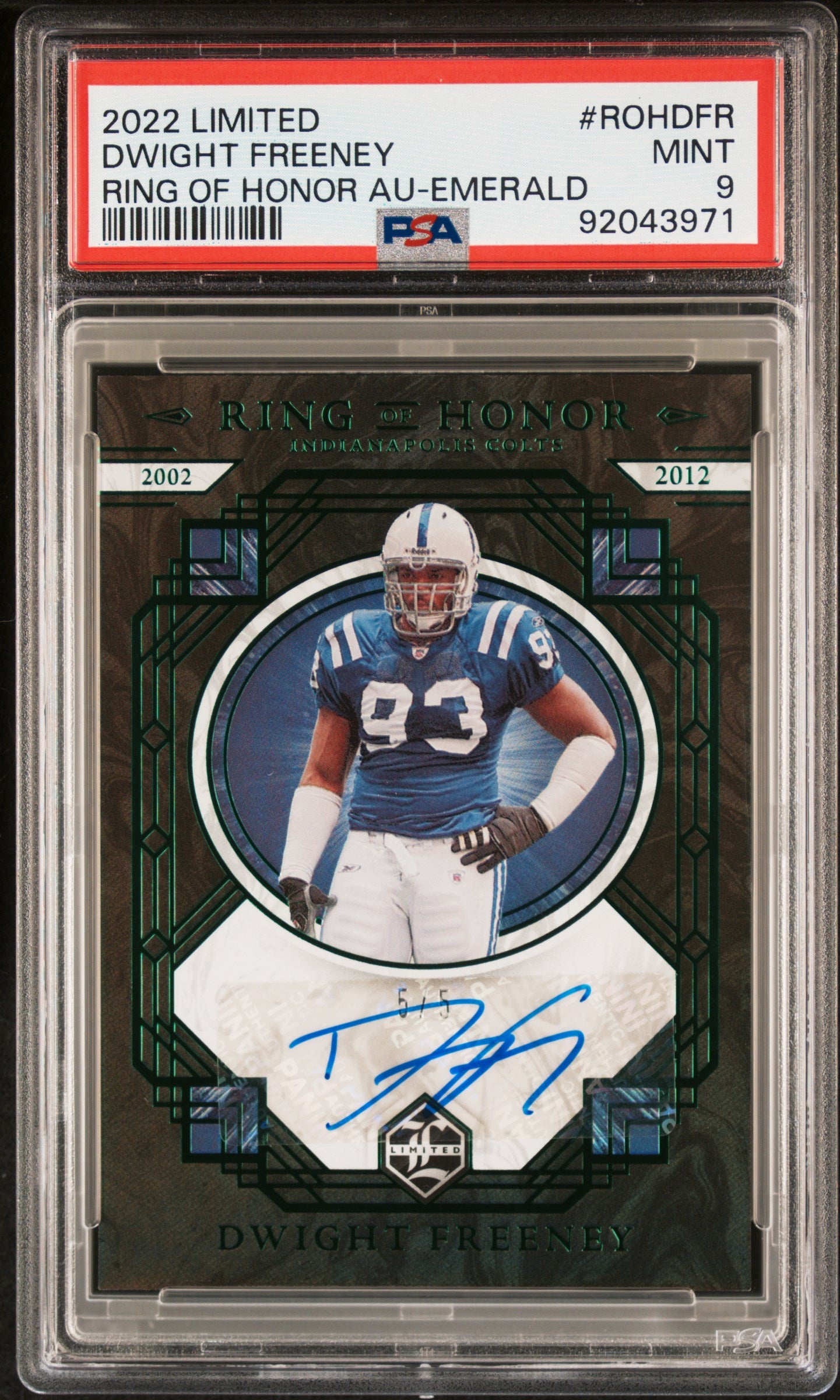 2022 Panini Limited Ring Of Honor Auto Dwight Freeney #5/5 Emerald PSA 9