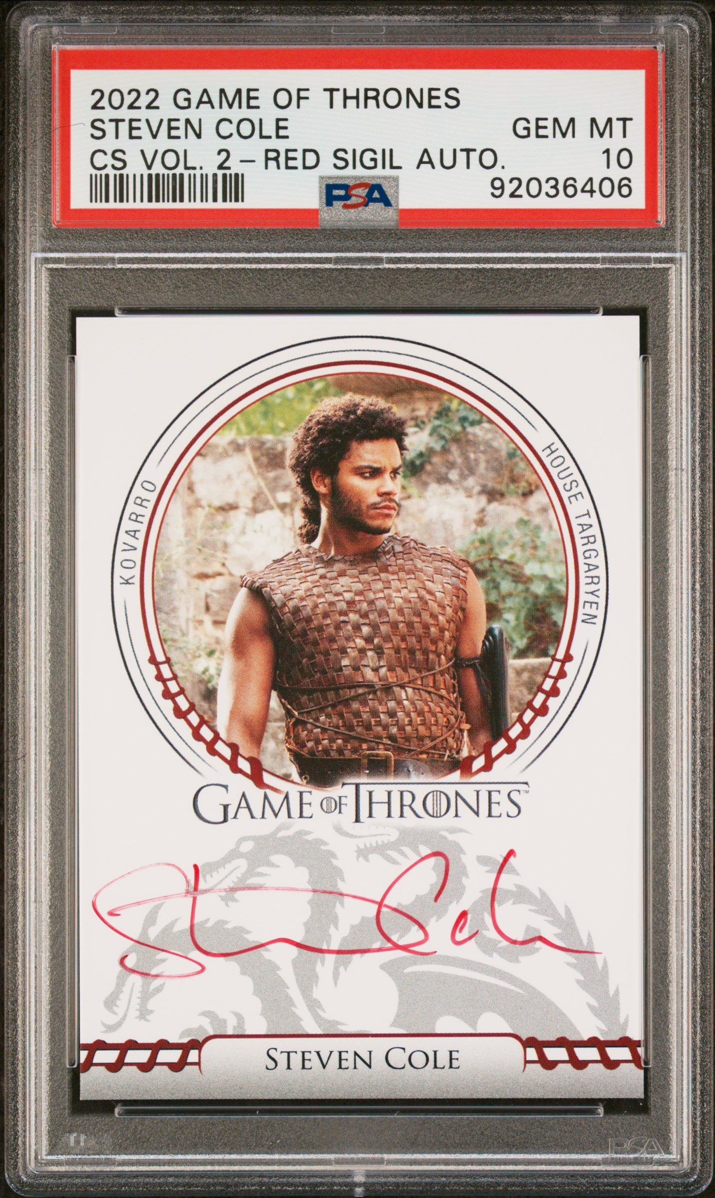 Steven Cole KOVARRO 2022 Game Of Thrones AUTO RED PSA 10