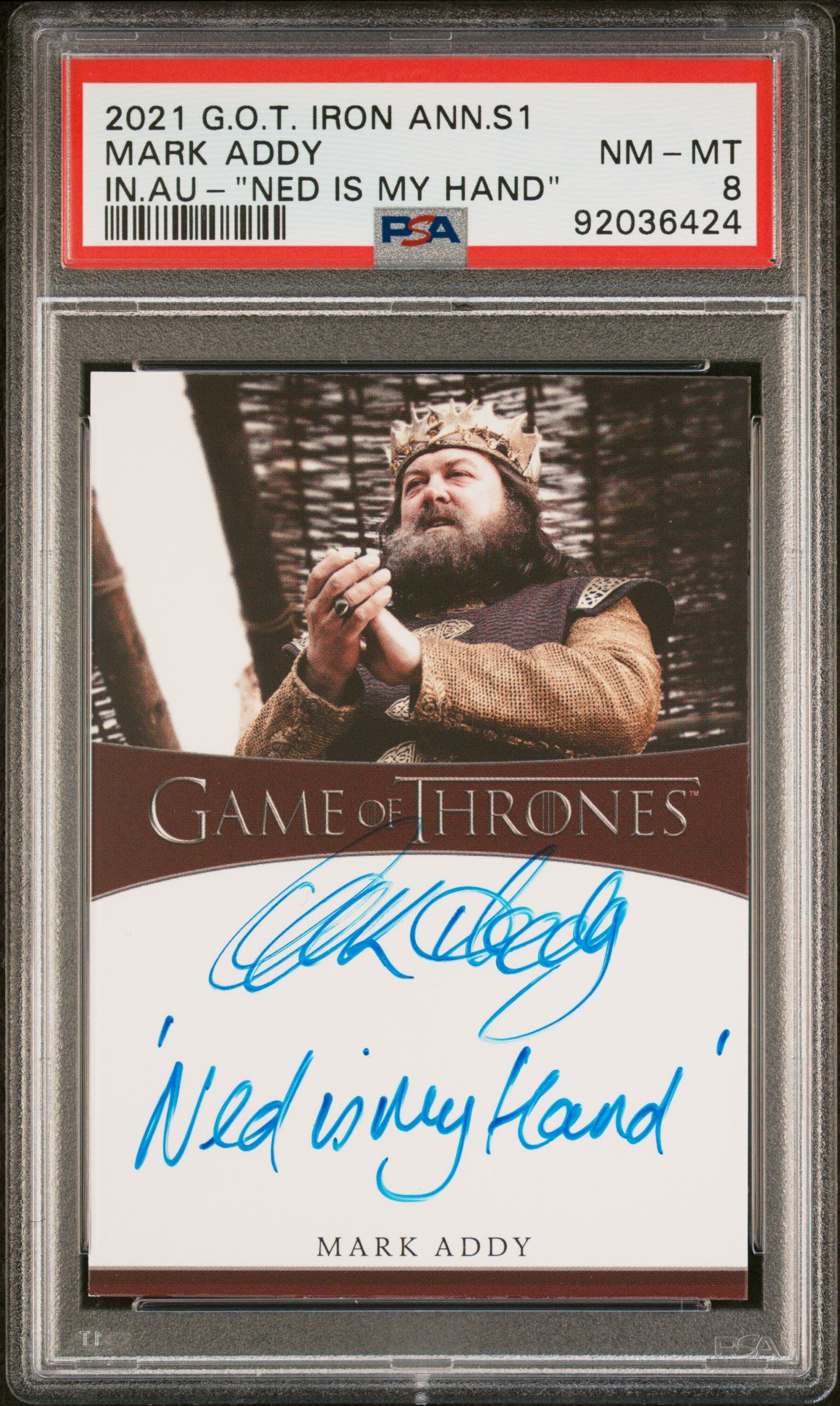 Mark Addy KING ROBERT BARATHEON 2021 Rittenhouse Game Of Thrones AUTO Insc PSA 8