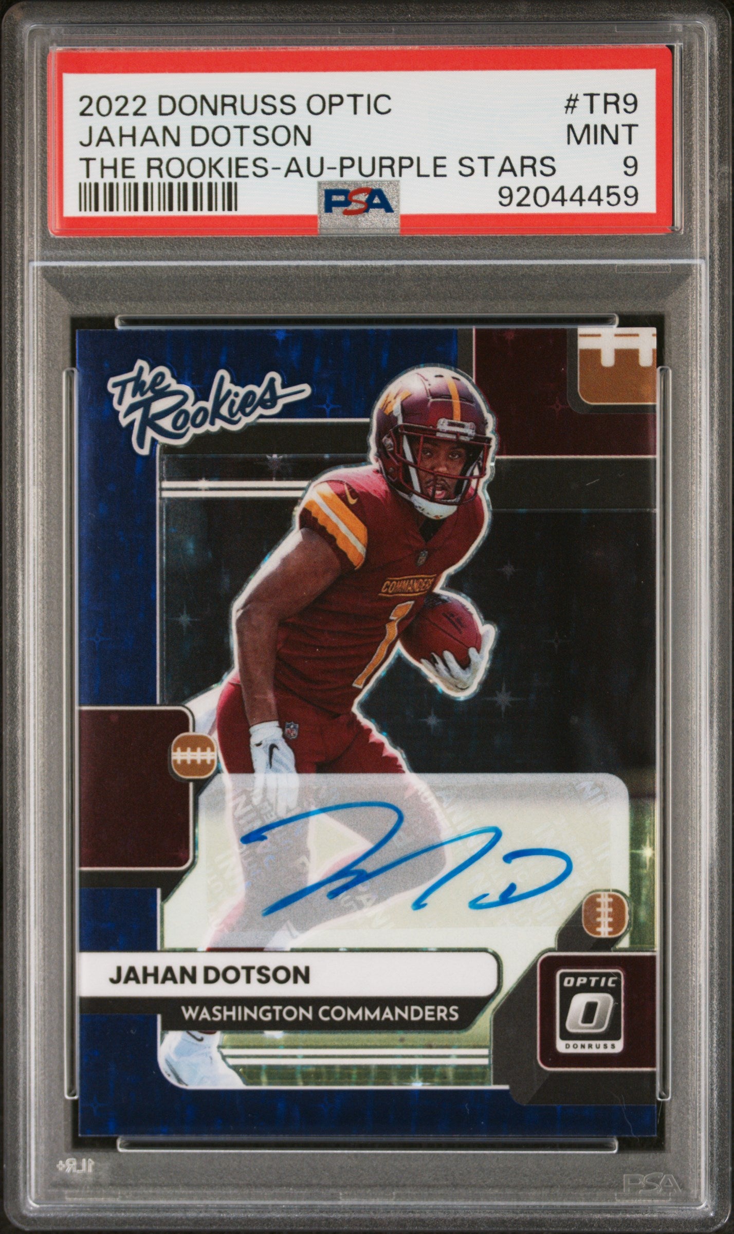 2022 Panini Donruss Optic The Rookies Jahan Dotson AUTO #1/25 Purple Stars PSA 9