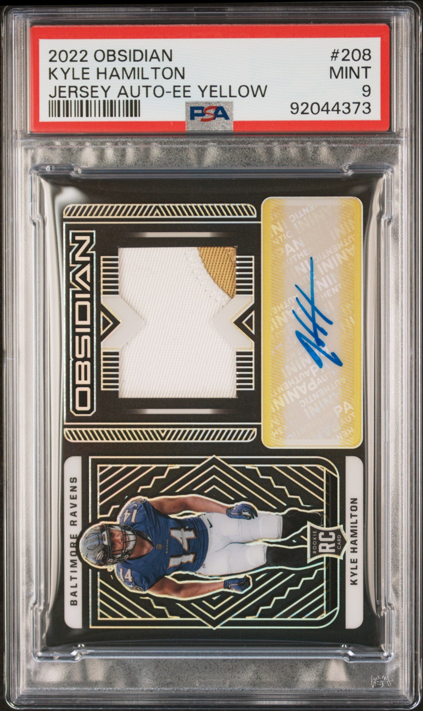 2022 Panini Obsidian Kyle Hamilton #8/25 Jersey Auto Etch Yellow PSA 9