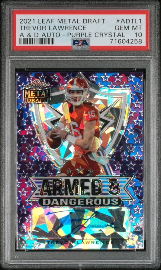 Trevor Lawrence 2021 Leaf Metal Draft Armed & Dangerous Auto #6/20 Purple PSA 10