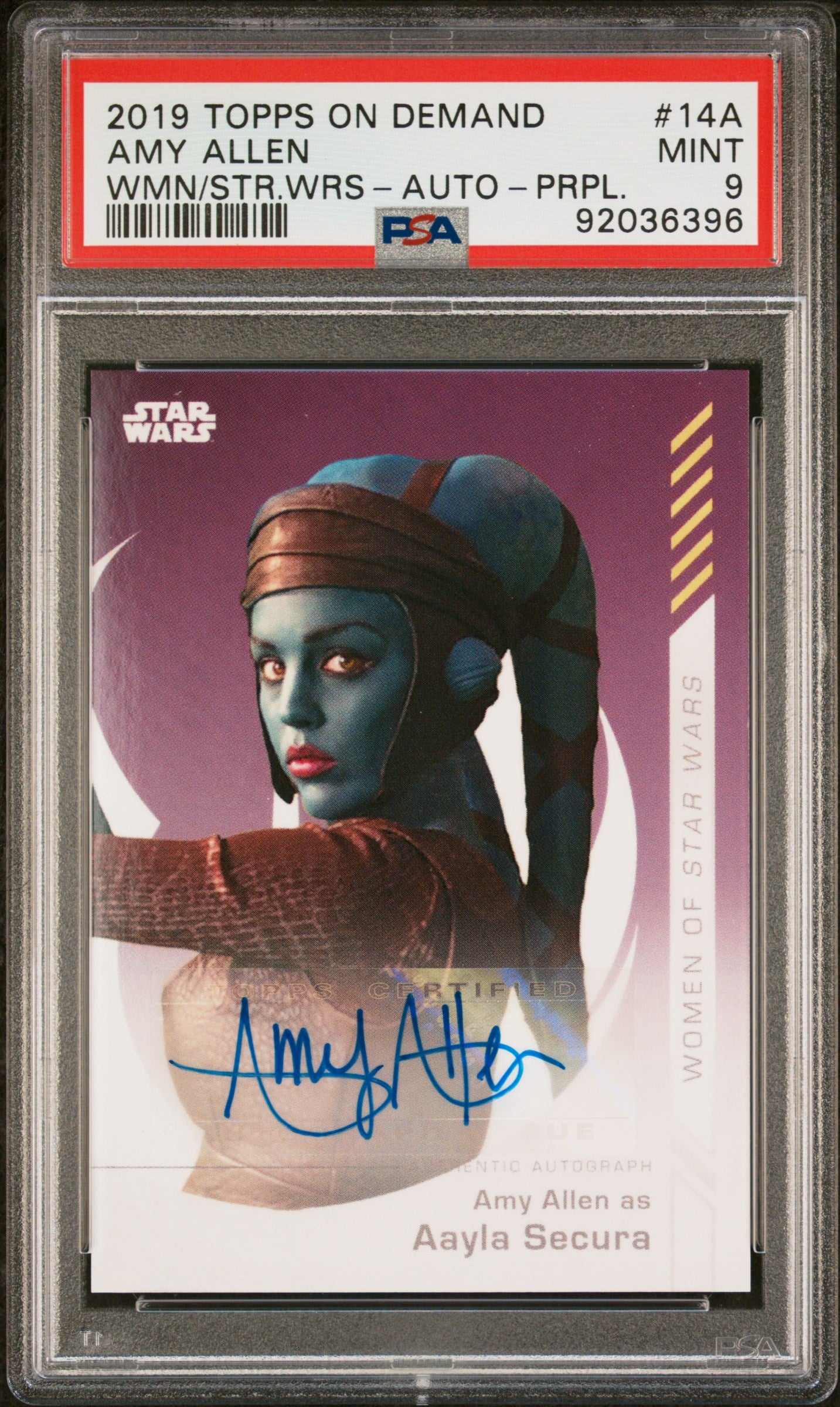 Amy Allen as Aayla Secura 2019 Topps Women Of Star Wars Purple AUTO PSA 9