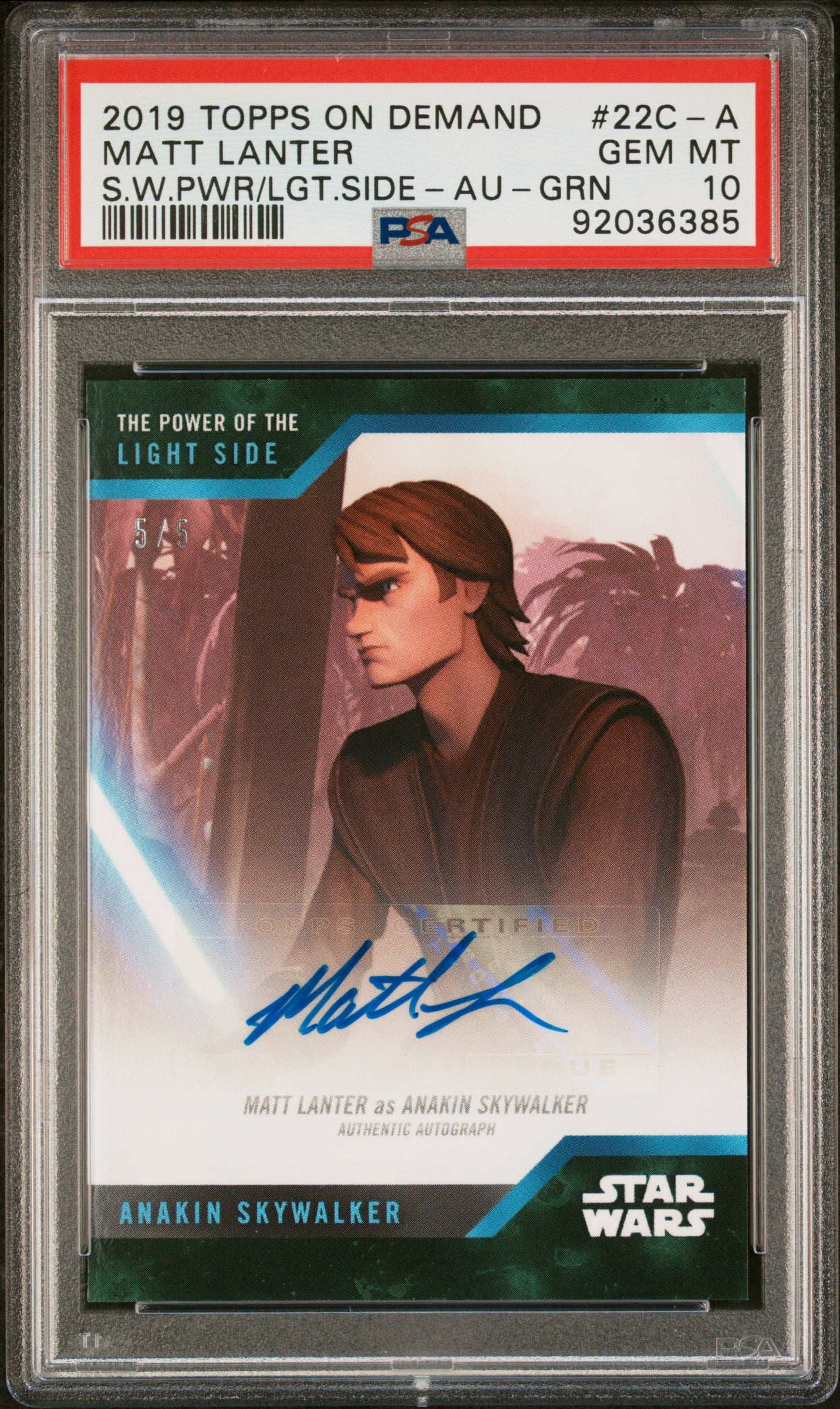 Matt Lanter as Anakin Skywalker 2019 Topps Star Wars Green /5 Auth Auto PSA 10