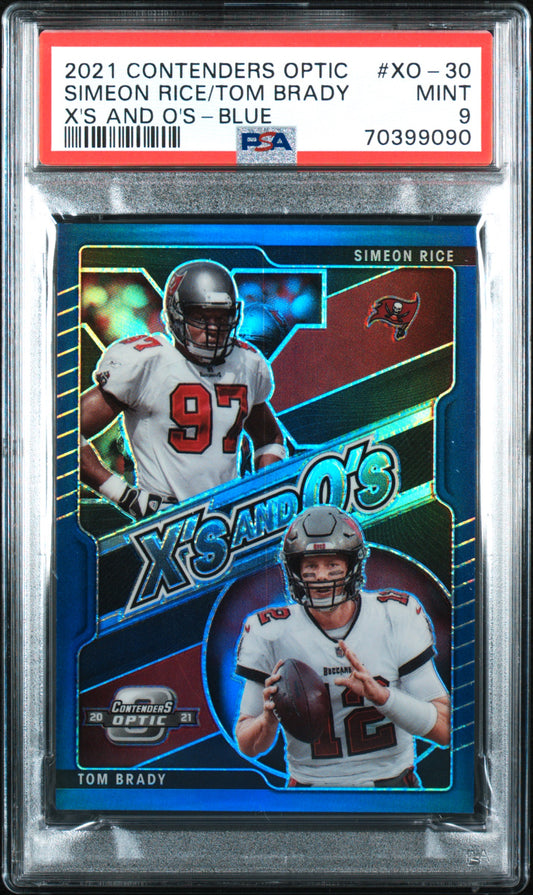 2021 Panini Contenders Optic X'S And O's Tom Brady Simeon Rice #/99 Blue PSA 9