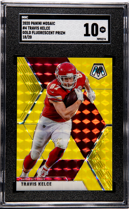 2020 Panini Mosaic Travis Kelce #4 Gold Fluorescent Prizm #18/20 SGC 10