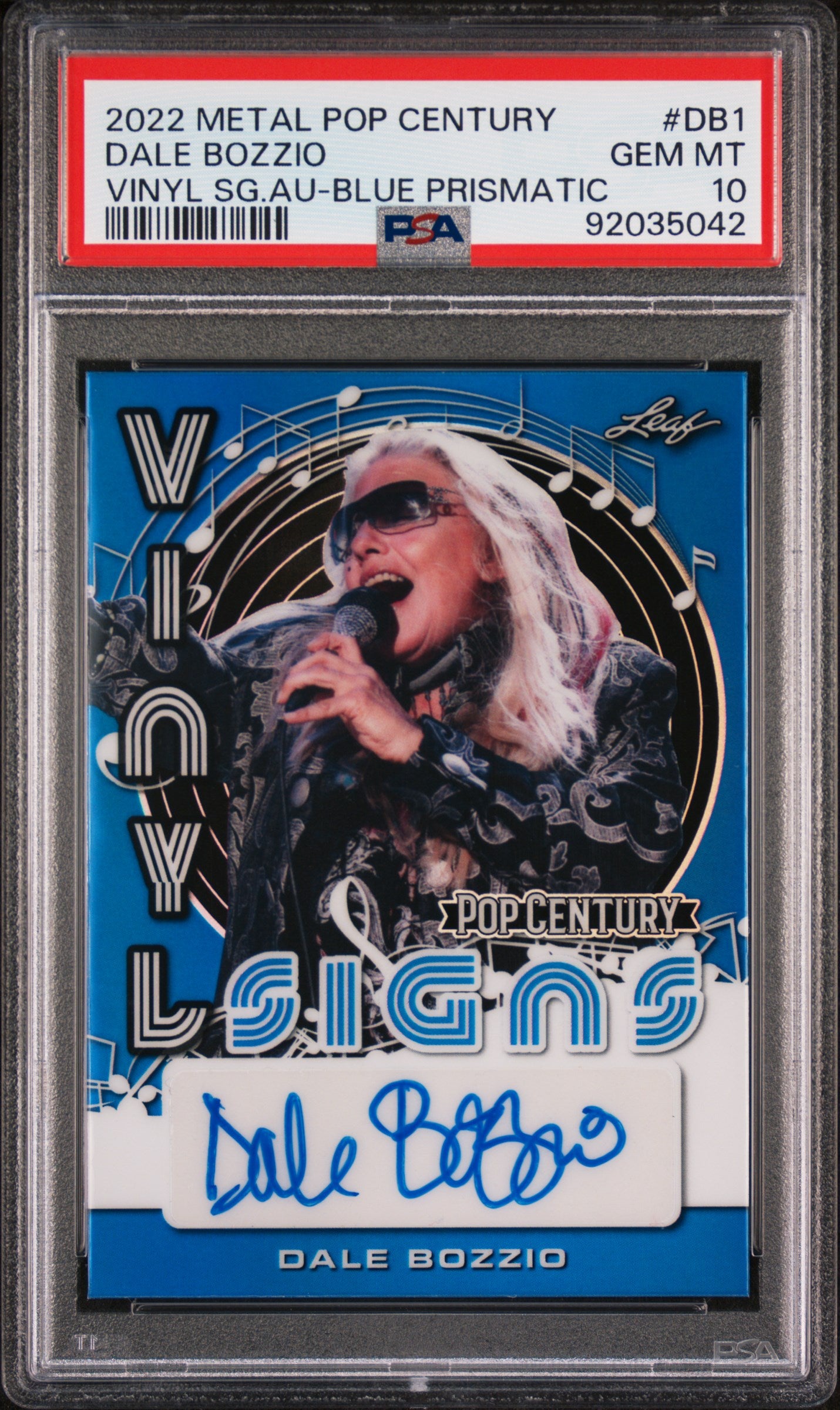 Dale Bozzio 2022 Leaf Metal Pop Century Vinyl Signs AUTO #5/35 Blue PSA 10