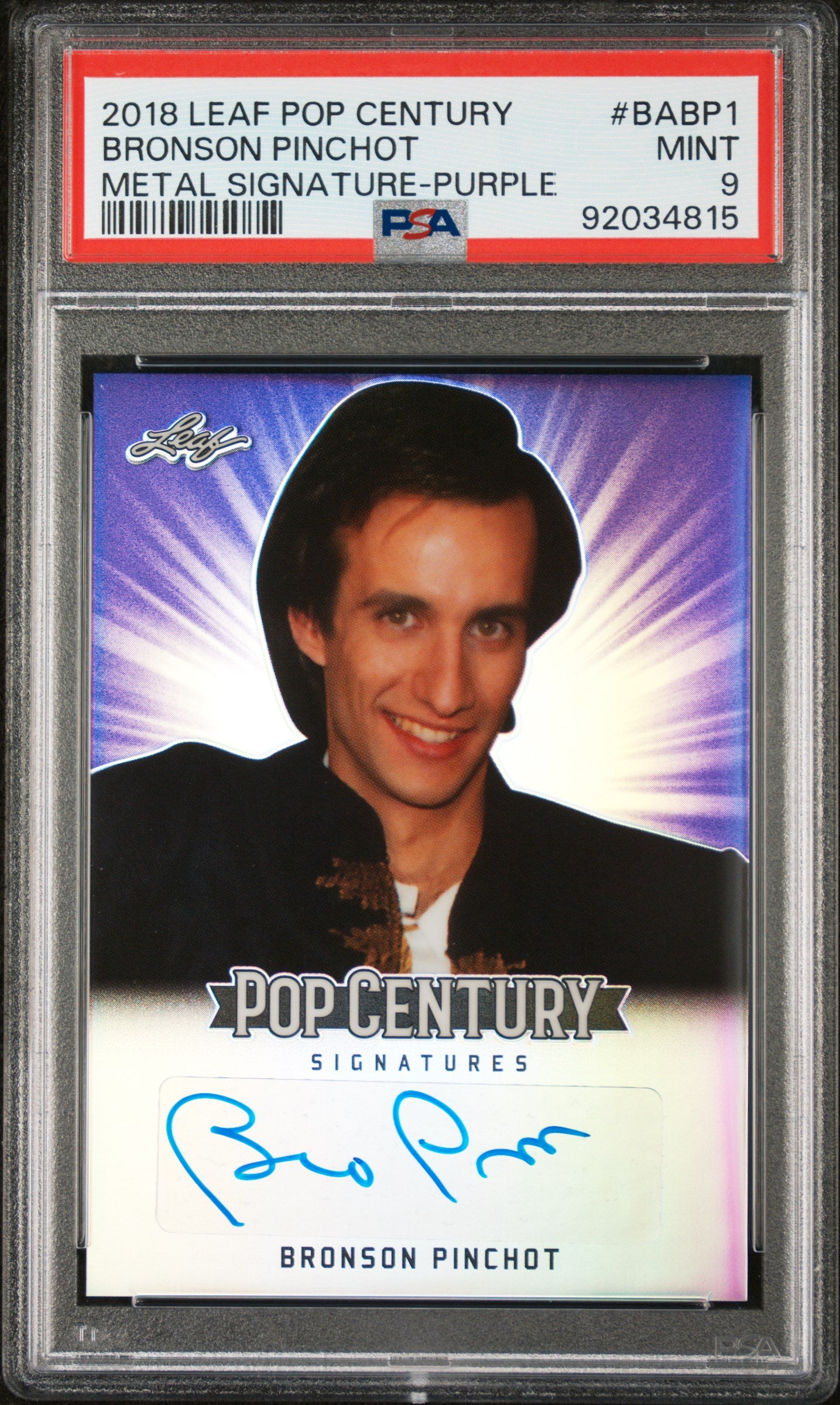 Bronson Pinchot 2018 Leaf Pop Century Metal Signatures AUTO #/25 Purple PSA 9