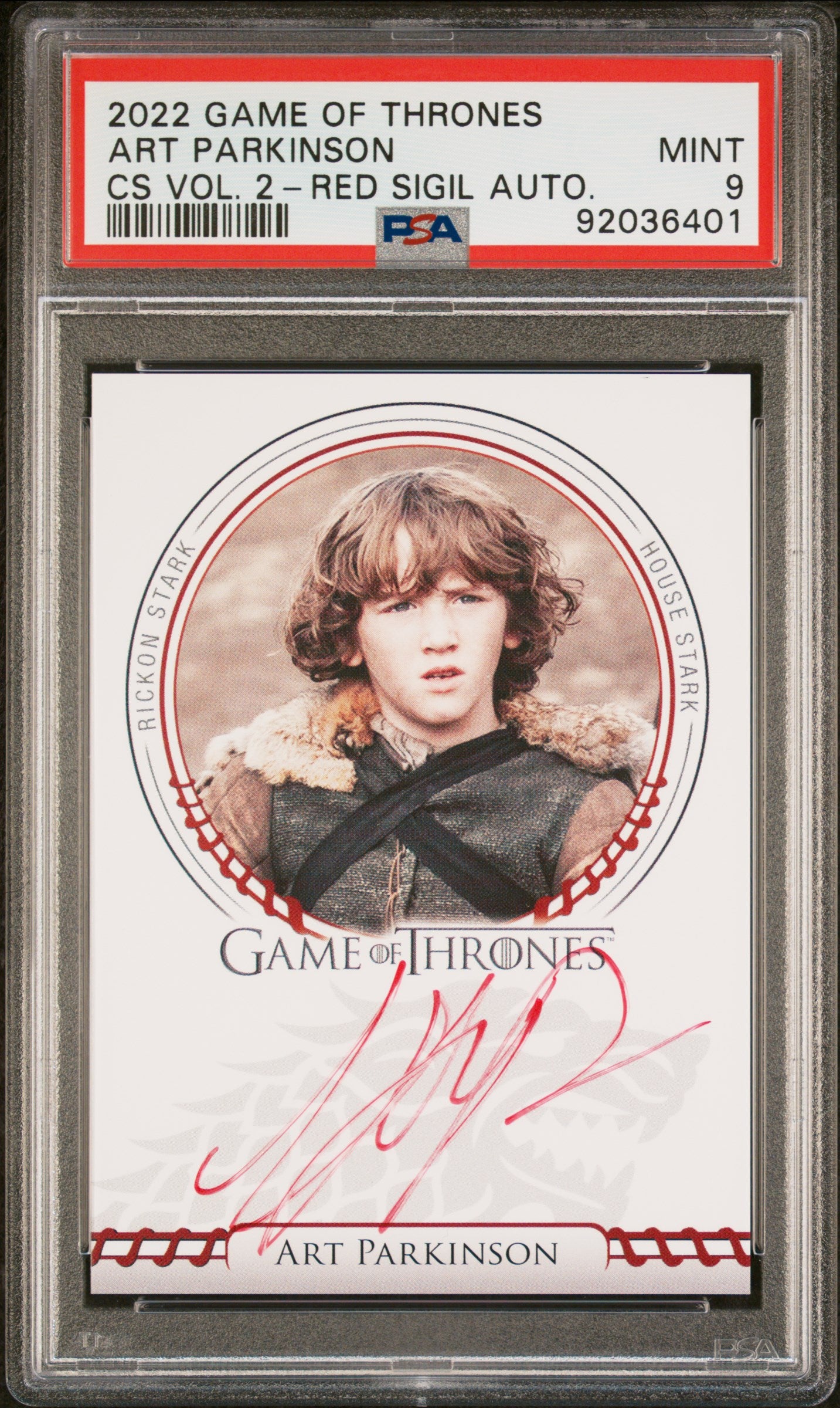 Art Parkinson RICKON STARK 2022 Game Of Thrones Complete RED AUTO PSA 9