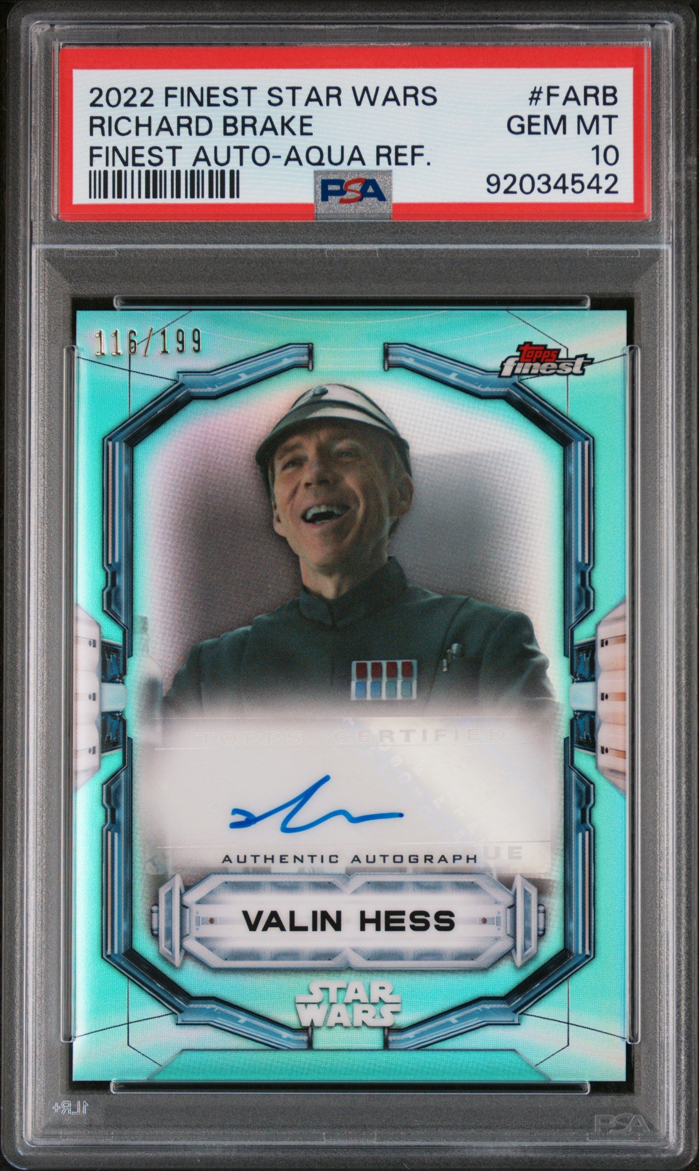 Richard Brake VALIN HESS 2022 Topps Finest Star Wars Auto Aqua Refr. /199 PSA 10