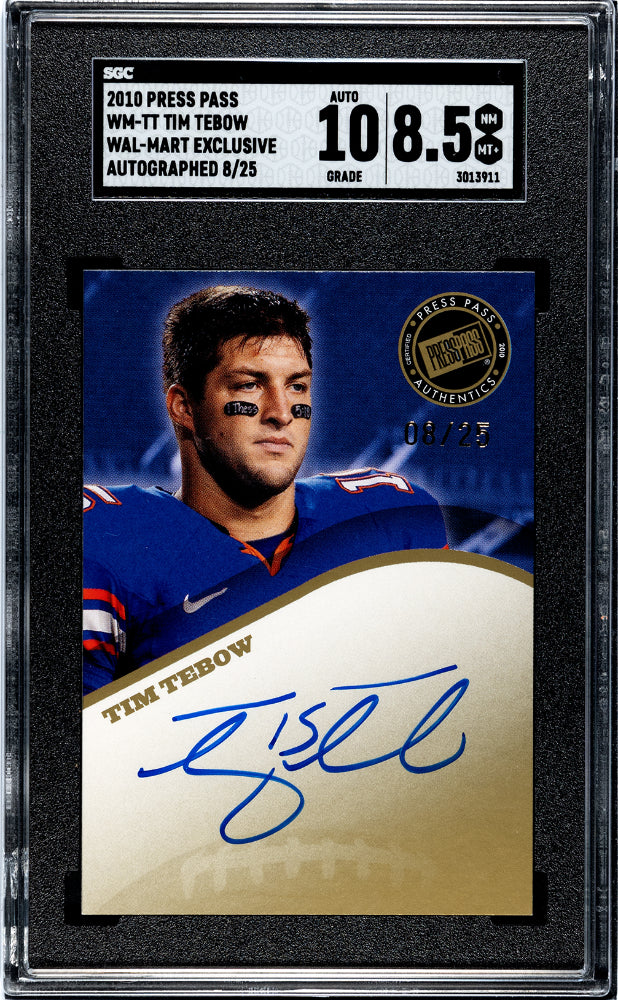 2010 Press Pass Tim Tebow #WM-TT Wal Mart Exclusive AUTO #8/25 Rookie SGC 8.5